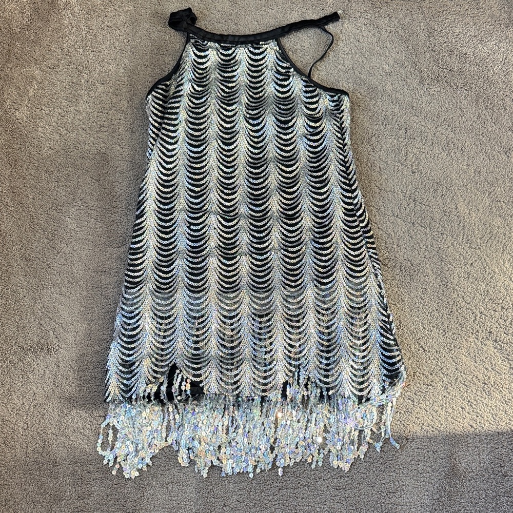 Weissman Silver Sequin Fringe Dance Costume Dress SIZE L